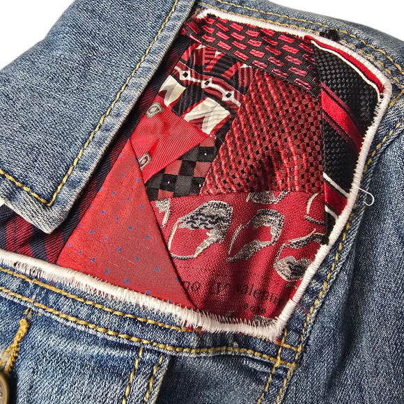 Vintage Upcycled Canyon River Blues Lace Butterfly Tie‎ Patches Jean Jacket XL - Picture 6 of 15